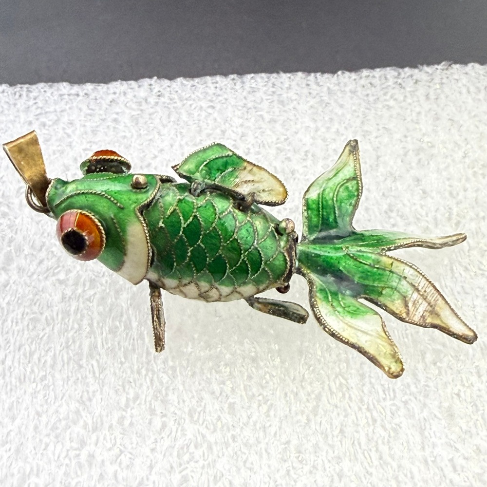 Vintage Chinese Export 925 Articulated Koi Fish Pendant Cloisonne Enamel Silver